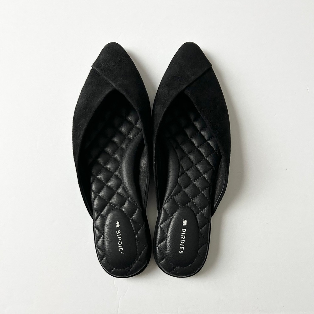 Birdies The Swan Black Suede Pointed Toe Mules Flats Womens Size 7 SlipOn